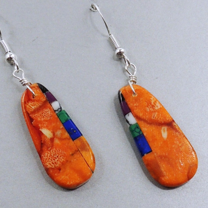Orange Coral Earring with Inlay by Ronald Chavez