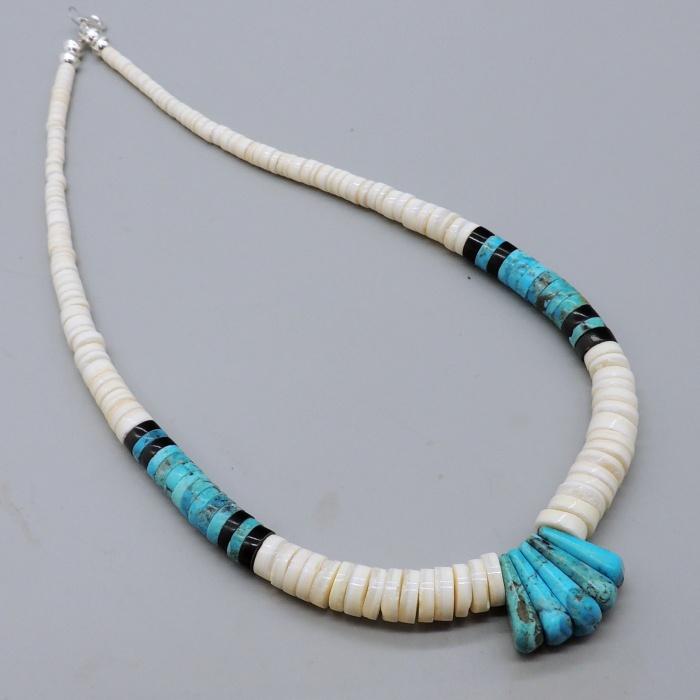 White Melo Shell & Turquoise Necklace by Lupe Lovato