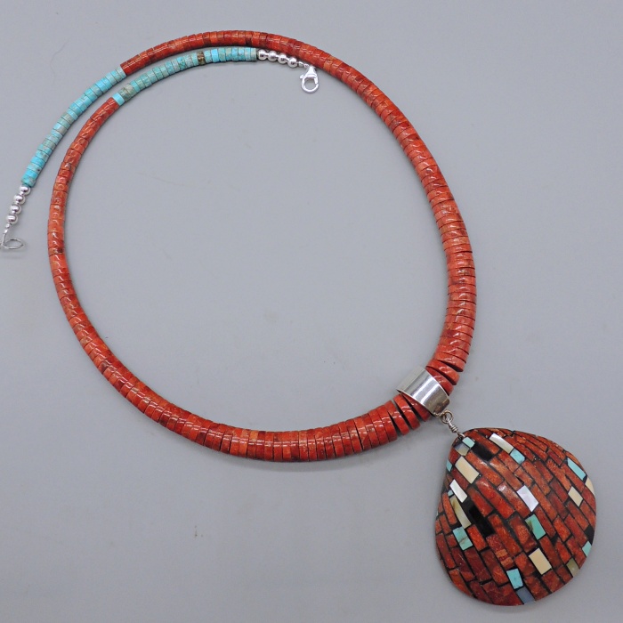 Coral Inlaid Shell Necklace by Percy and Charlotte Reano