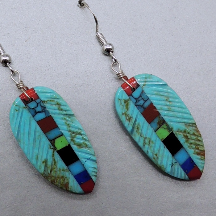 Turquoise Feather Earrings with Inlay by Ronald Chavez - Product Image