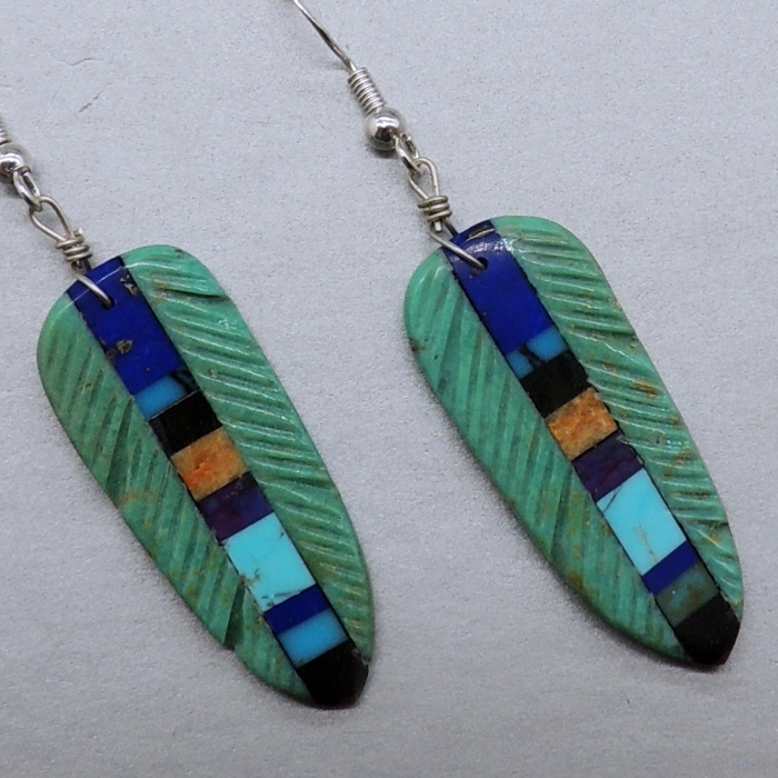 Green FeatherTurquoise Earrings with Inlay by Ronald Chavez - Product Image