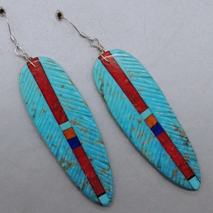 Turquoise Inlaid Feather Earring by Ronald Chavez - Product Image