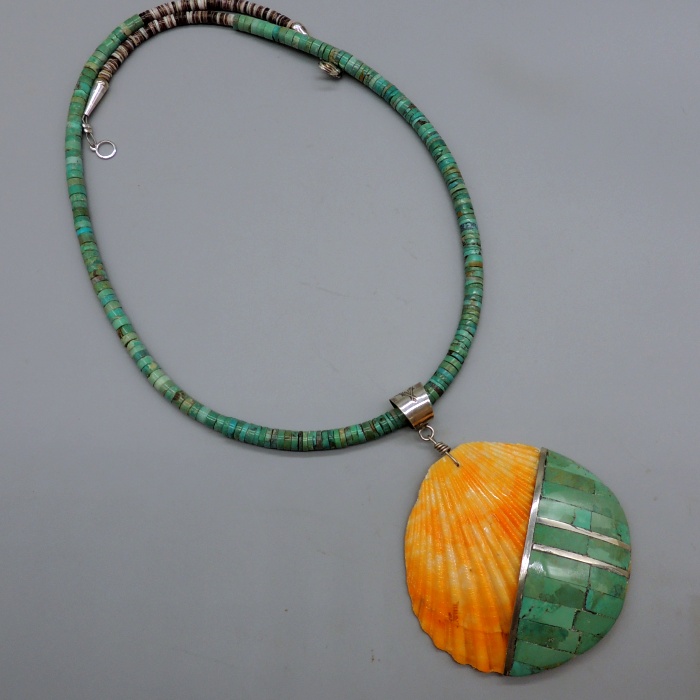Green Turquoise Inlaid Shell Necklace by Veronica Tortalita