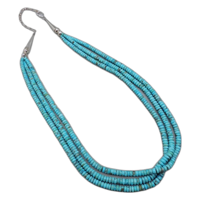 Three-strand turquoise heishe necklace with silver cone terminals, by Robert Tenorio