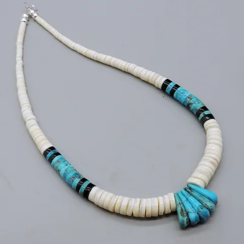 White Melo Shell & Turquoise Necklace by Lupe Lovato