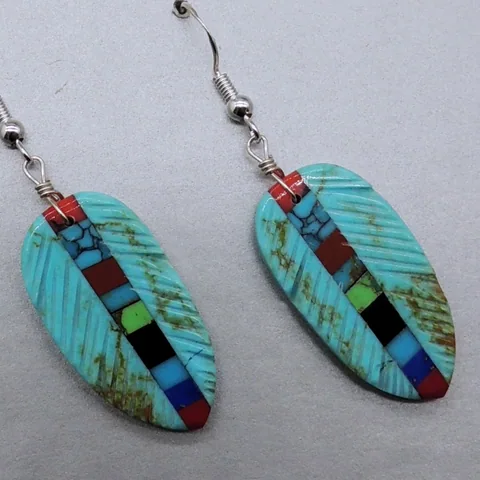 Turquoise Feather Earrings with Inlay by Ronald Chavez