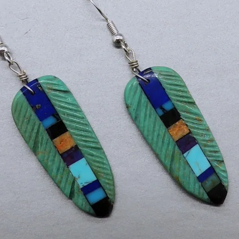 Green FeatherTurquoise Earrings with Inlay by Ronald Chavez