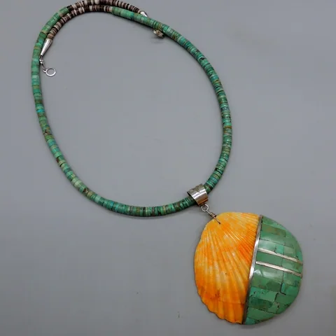 Green Turquoise Inlaid Shell Necklace by Veronica Tortalita